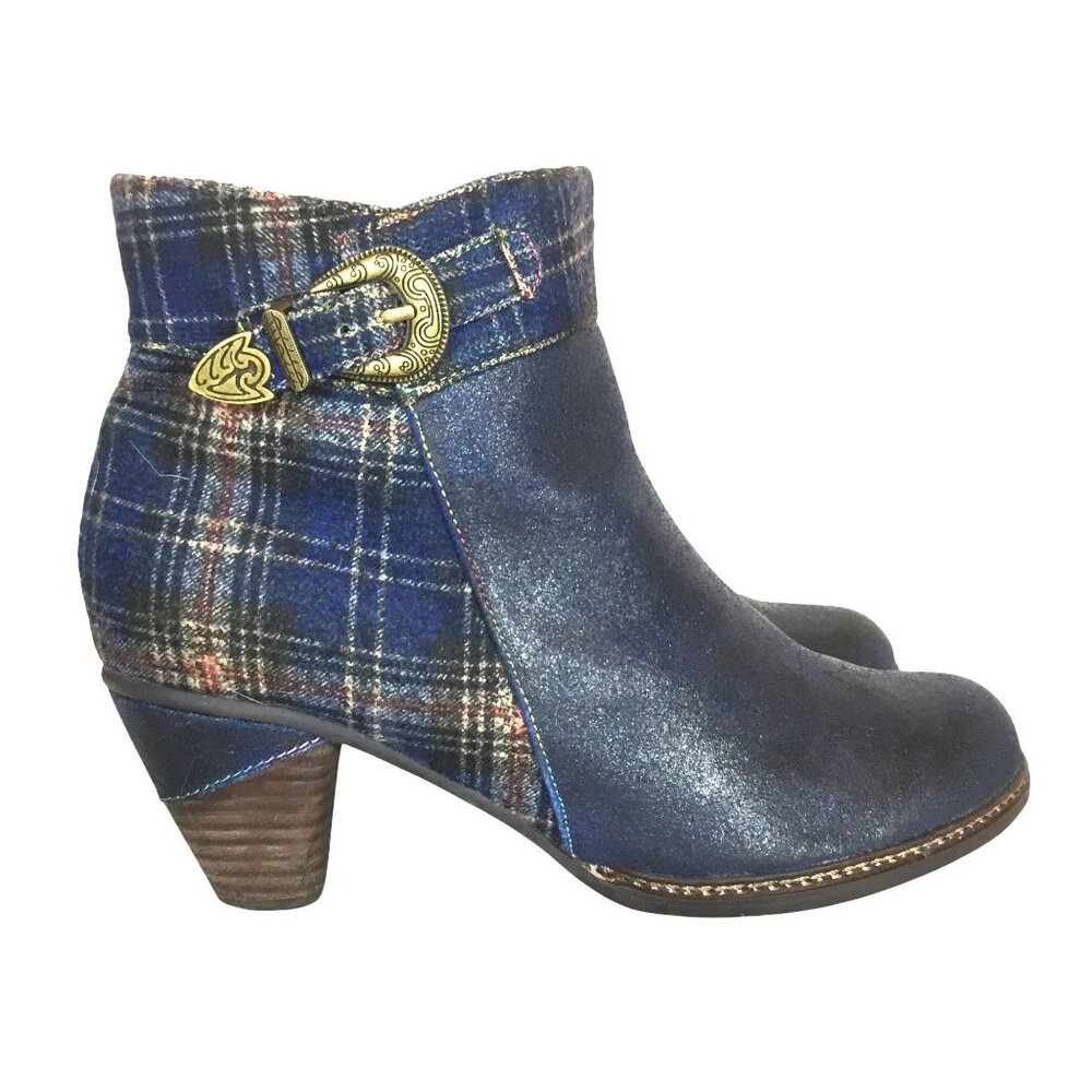 Spring Step LArtiste Womens 10/41 Navy Blue Plaid Leather Heeled Ankle Boot